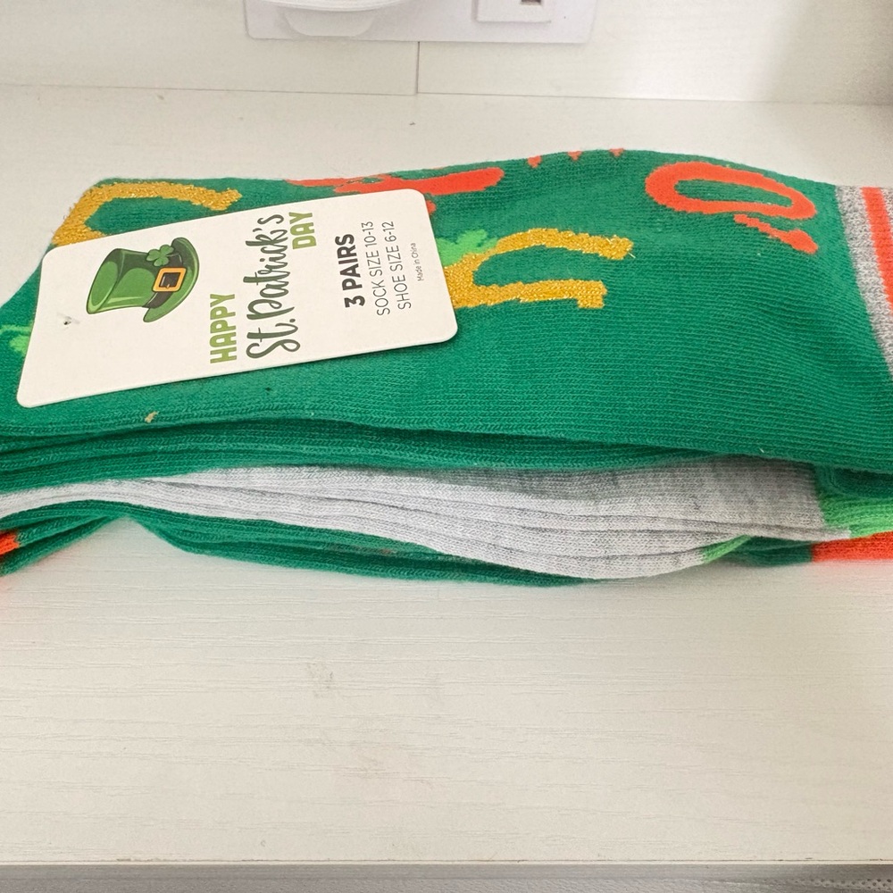 St. Patrick's Day Green Novelty Crew Socks with Orange & Gold Accents - Picture 3 of 5